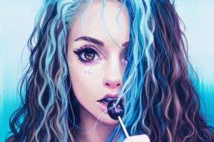 blue hair, Women, Looking at viewer, Artwork, Drawing, Blue background, Lollipop