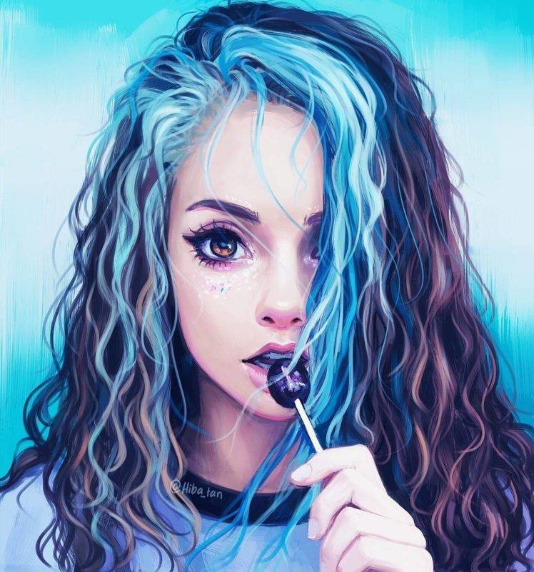 blue hair, Women, Looking at viewer, Artwork, Drawing, Blue background, Lollipop HD Wallpaper Desktop Background