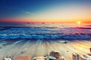 sunset, Beach, Waves