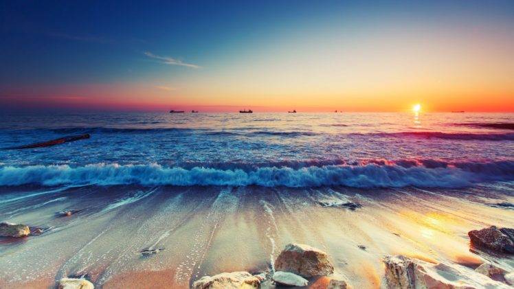 sunset, Beach, Waves HD Wallpaper Desktop Background