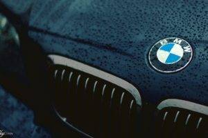 car, BMW, Closeup, Logo, Black, Water drops, Wet