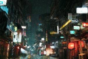 cyberpunk, Rain, Lights, City, Street, Advertisements