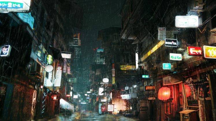 cyberpunk, Rain, Lights, City, Street, Advertisements HD Wallpaper Desktop Background