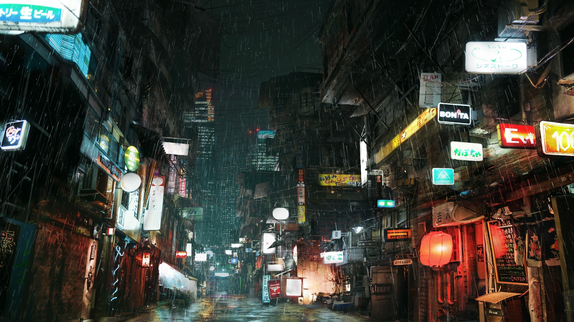 cyberpunk, Rain, Lights, City, Street, Advertisements Wallpaper