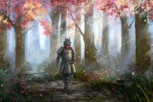 artwork, Fantasy art, Samurai, Forest, Trees, Armor, Sword