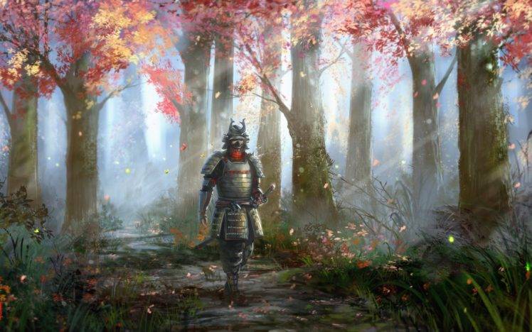 artwork, Fantasy art, Samurai, Forest, Trees, Armor, Sword HD Wallpaper Desktop Background