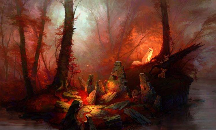 red, Forest, Animals, Fantasy art, Artwork HD Wallpaper Desktop Background