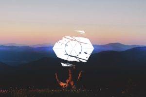 landscape, Mountains, Hills, Sky, Wood, Digital art, 2D, Triangle, Wheels, Shapes, Photography, Minimalism, Low poly, Flares, Photoshop