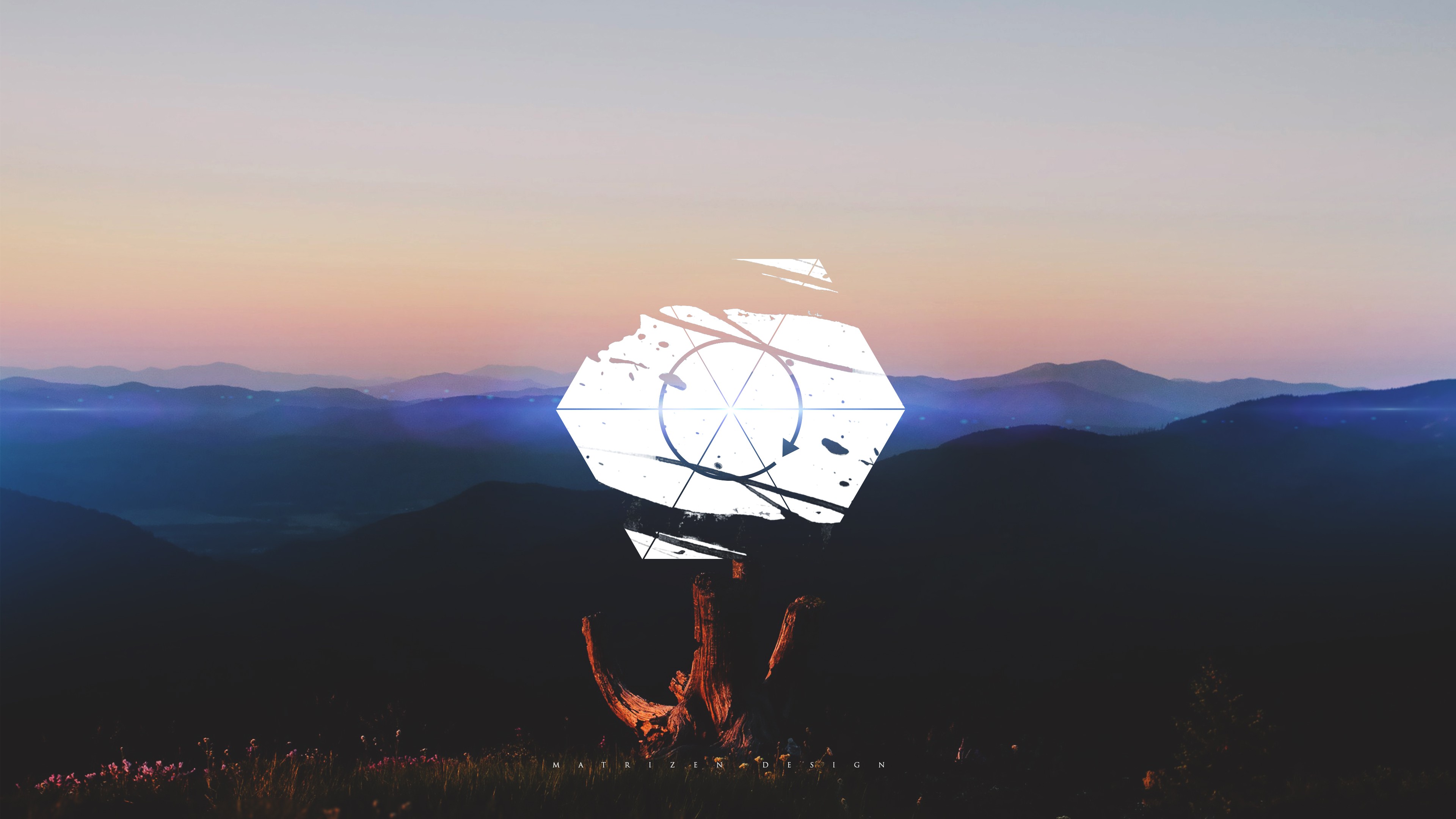 landscape, Mountains, Hills, Sky, Wood, Digital art, 2D, Triangle, Wheels, Shapes, Photography, Minimalism, Low poly, Flares, Photoshop Wallpaper