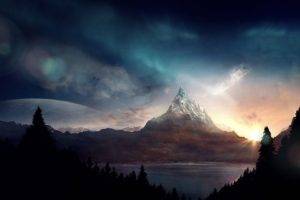 mountains, Lake, Forest, Clear sky, Sun rays, Photoshop