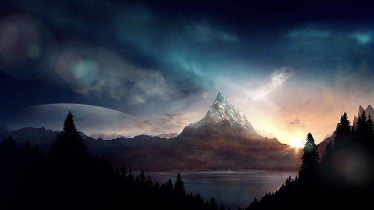 mountains, Lake, Forest, Clear sky, Sun rays, Photoshop HD Wallpaper Desktop Background