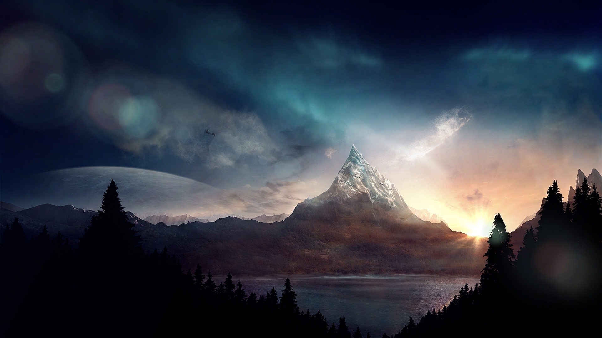 mountains, Lake, Forest, Clear sky, Sun rays, Photoshop Wallpaper