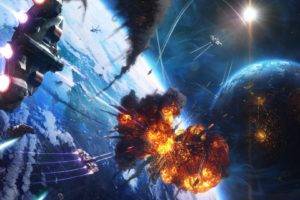 explosion, Spaceship, Space, Planet, Battle, Science fiction