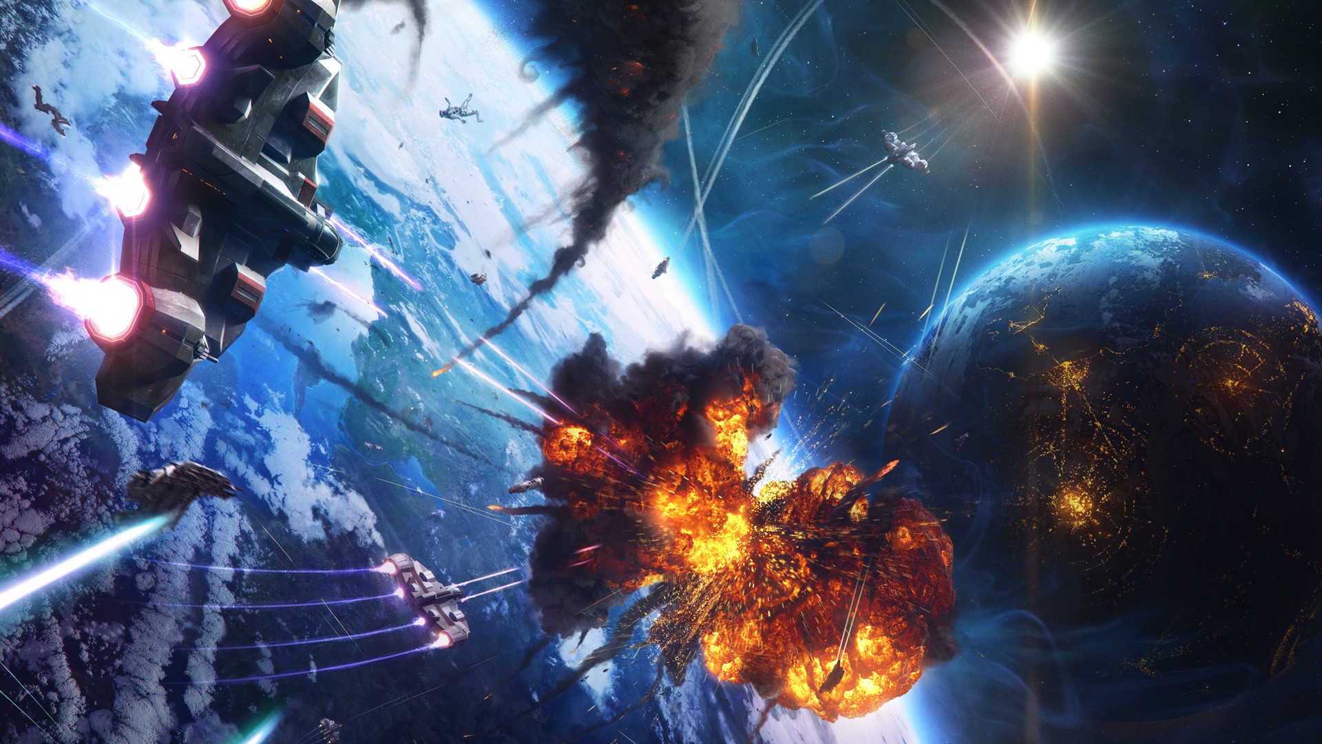 explosion, Spaceship, Space, Planet, Battle, Science fiction Wallpaper