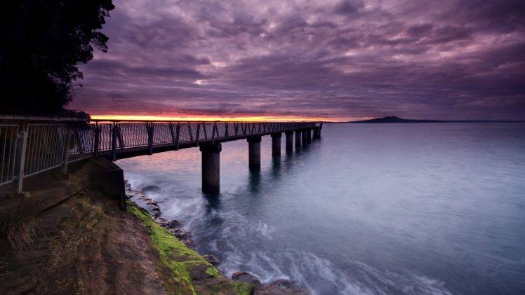 nature, Sea, Sunset, Clouds, Pier, Long exposure HD Wallpaper Desktop Background