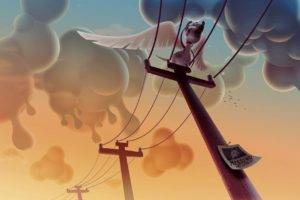 Aaron Campbell, Digital art, Animals, Utility pole, Dog, Clouds, Wings, Humor