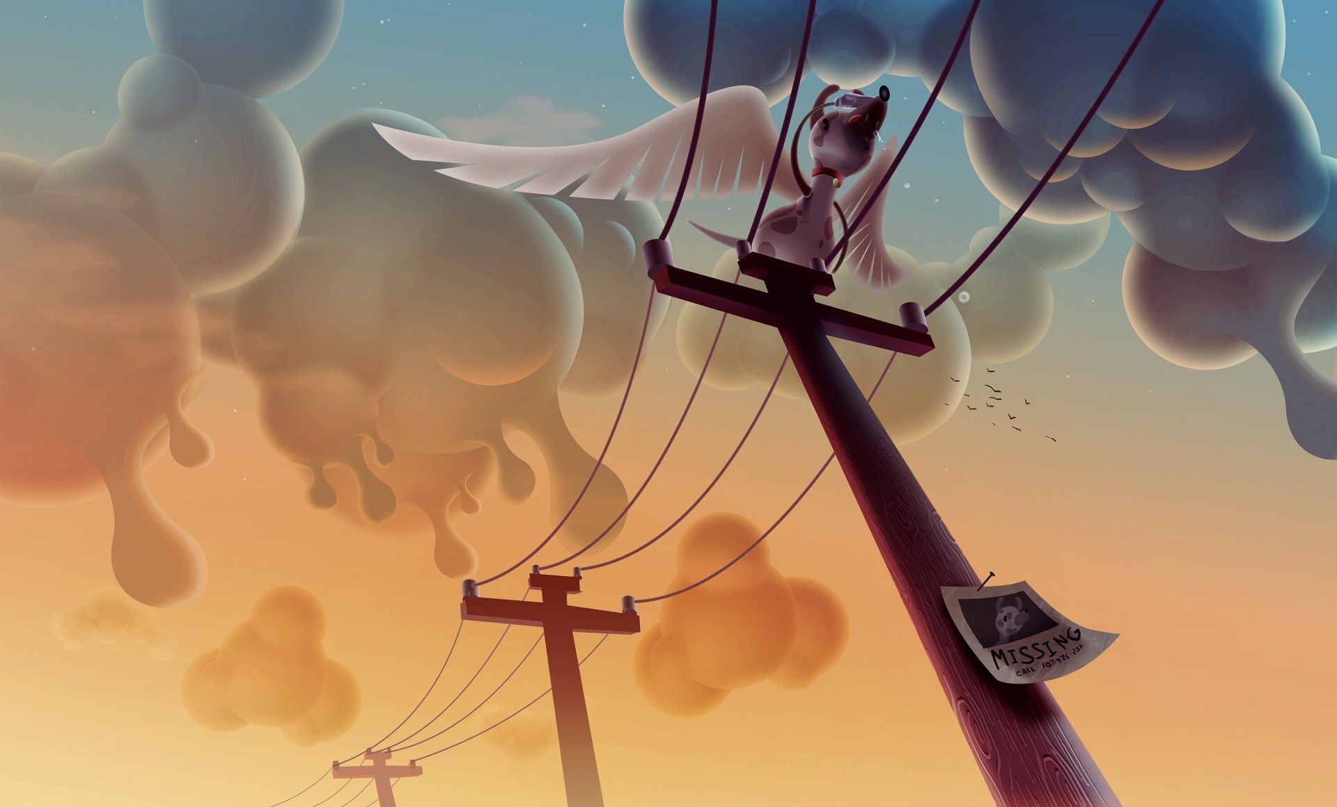 Aaron Campbell, Digital art, Animals, Utility pole, Dog, Clouds, Wings, Humor Wallpaper