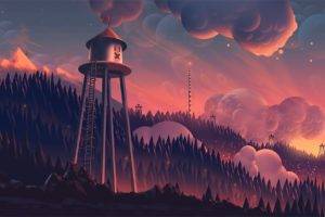 Aaron Campbell, Digital art, Trees, Clouds, Forest, Fantasy art, Mountains, Sunset, Watchtower