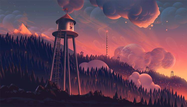 Aaron Campbell, Digital art, Trees, Clouds, Forest, Fantasy art, Mountains, Sunset, Watchtower HD Wallpaper Desktop Background