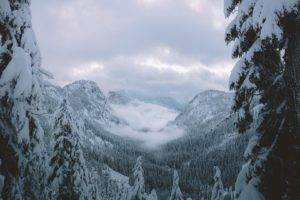 mountain pass, Snow, Winter, Mountains, Trees, Landscape
