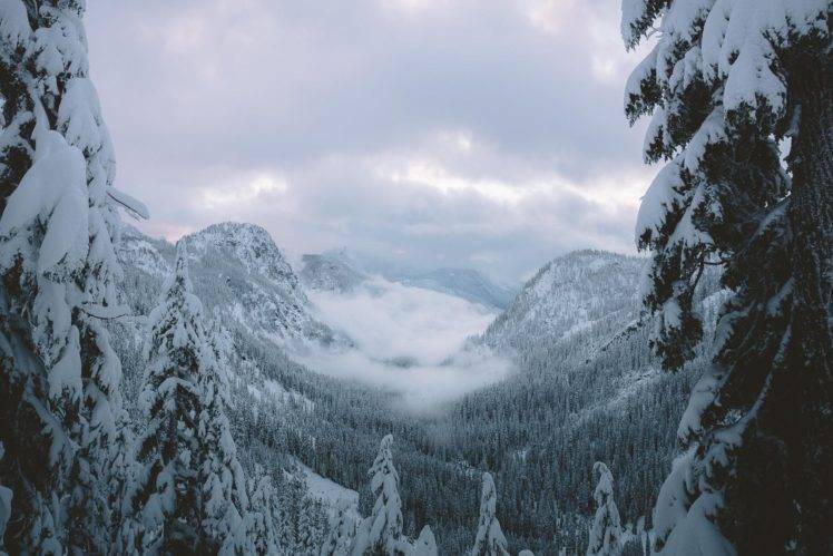 mountain pass, Snow, Winter, Mountains, Trees, Landscape HD Wallpaper Desktop Background