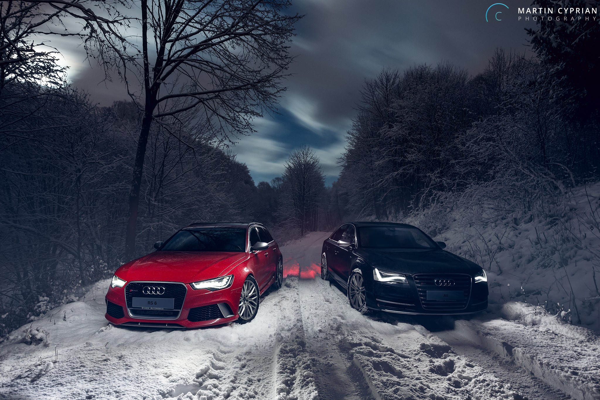 Martin Cyprian, Vehicle, Car, Audi, Audi RS6 Avant, Audi A8, Winter, Snow, Trees, Forest, Long exposure, Clouds, Vehicle front, Lights, Nature, Landscape, Evening Wallpaper
