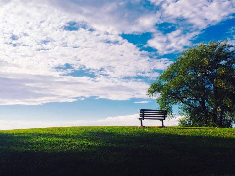 bench, Trees, Field, Hills, Landscape, Clouds, Sky, Nature HD Wallpaper Desktop Background