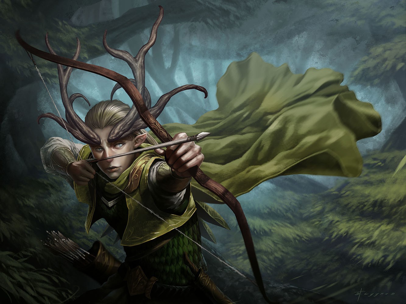 Download hd wallpapers of 479462-elves, Archer, Fantasy_art, Horns, Bow. 