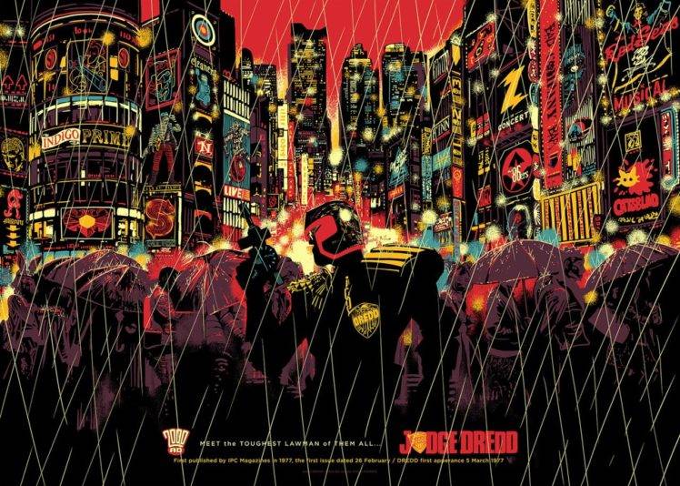 Judge Dredd, Dredd, Crowds, 2000 AD, Rain, Billboards, Lawgiver HD Wallpaper Desktop Background
