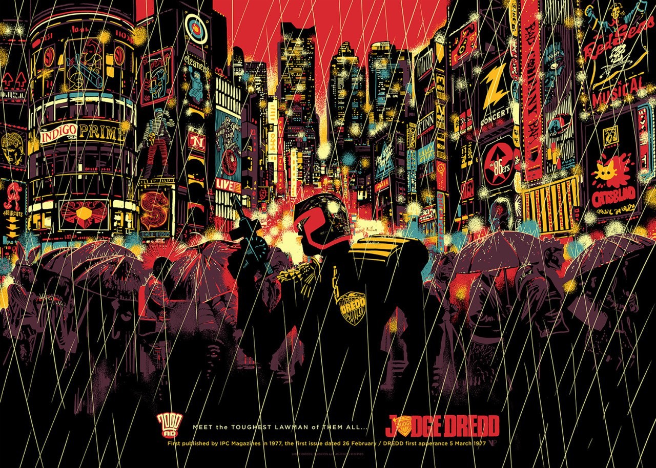 Judge Dredd, Dredd, Crowds, 2000 AD, Rain, Billboards, Lawgiver Wallpaper