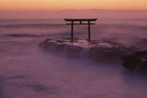 nature, Landscape, Torii, Japan, Asia, Rock, Stones, Sea, Waves, Long exposure, Sunset, Horizon