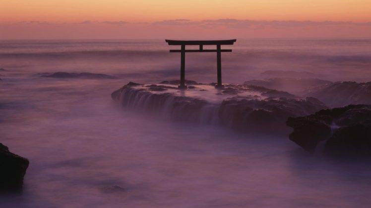 nature, Landscape, Torii, Japan, Asia, Rock, Stones, Sea, Waves, Long exposure, Sunset, Horizon HD Wallpaper Desktop Background