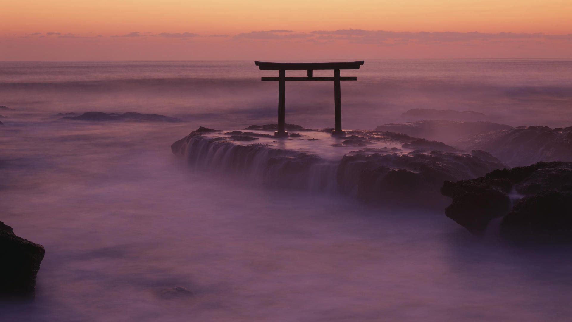 nature, Landscape, Torii, Japan, Asia, Rock, Stones, Sea, Waves, Long exposure, Sunset, Horizon Wallpaper