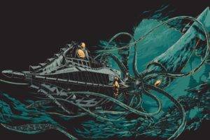 Jules Verne, Digital art, Illustration, 20000 Leagues Under the Sea, Underwater, Sea, Drawing, Octopus, Sea monsters, Submarine, Black background