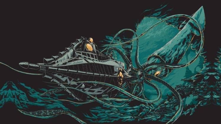Jules Verne, Digital art, Illustration, 20000 Leagues Under the Sea, Underwater, Sea, Drawing, Octopus, Sea monsters, Submarine, Black background HD Wallpaper Desktop Background