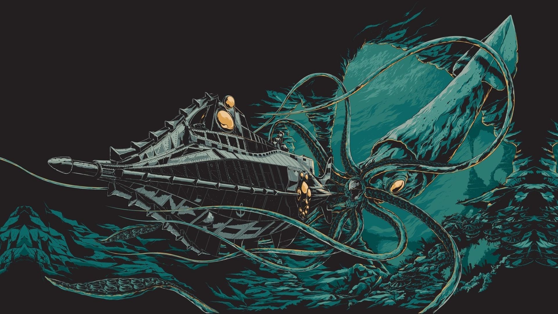 Jules Verne, Digital art, Illustration, 20000 Leagues Under the Sea, Underwater, Sea, Drawing, Octopus, Sea monsters, Submarine, Black background Wallpaper