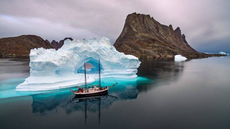 nature, Landscape, Winter, Snow, Iceberg, Sailing ship, Mountains, Sea, Reflection, Clouds, Iceland, Calm HD Wallpaper Desktop Background
