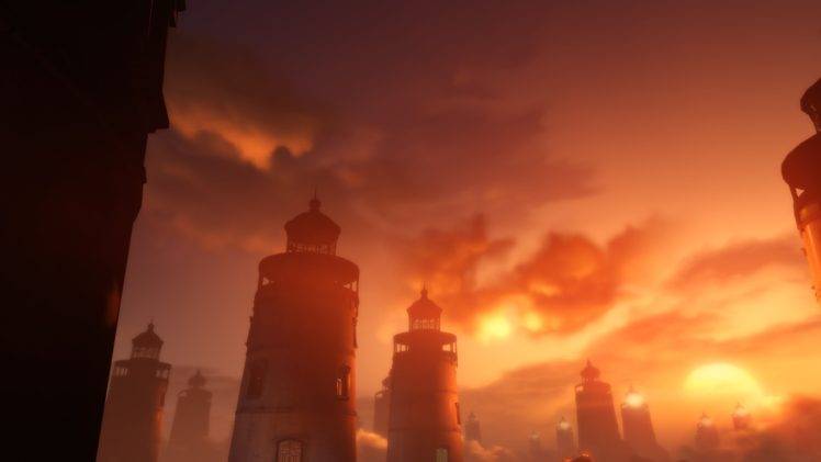 Elizabeth (BioShock), Sun rays, BioShock Infinite: Burial at Sea, Lighthouse, Clouds, Dock, Landscape, Video games HD Wallpaper Desktop Background