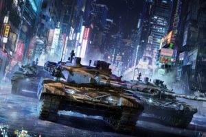 Armored Warfare, Video games, Tank, Military, City, Night, Asia, Rain