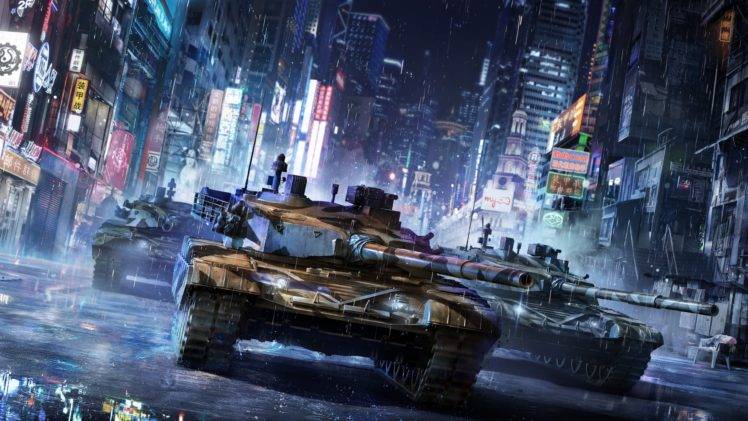Armored Warfare, Video games, Tank, Military, City, Night, Asia, Rain HD Wallpaper Desktop Background