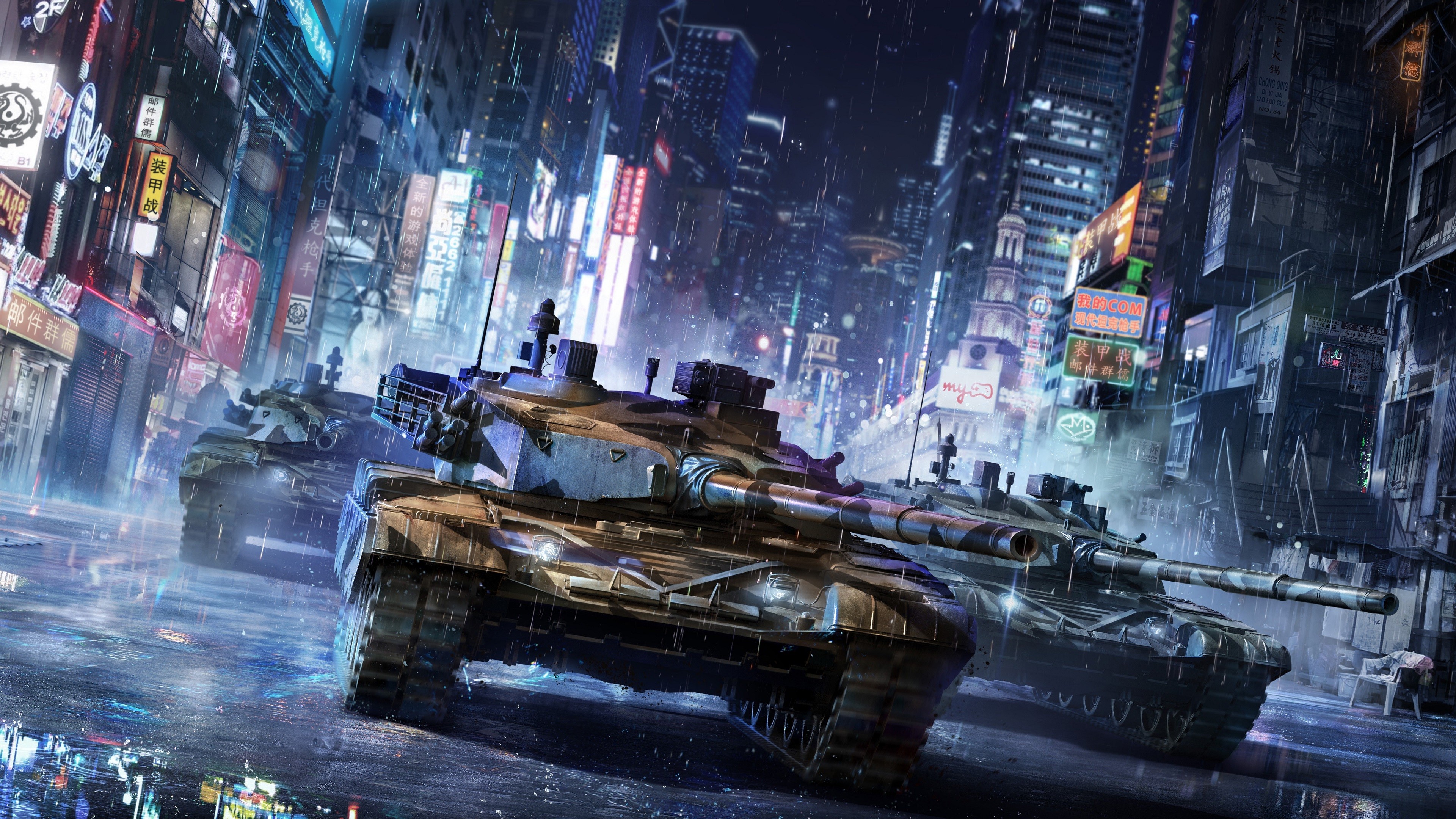 Armored Warfare, Video games, Tank, Military, City, Night, Asia, Rain Wallpaper