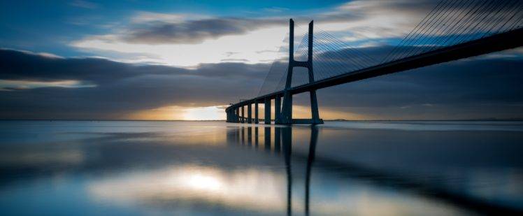 Vasco da Gama Bridge, Lisbon, Sunrise, Landscape HD Wallpaper Desktop Background
