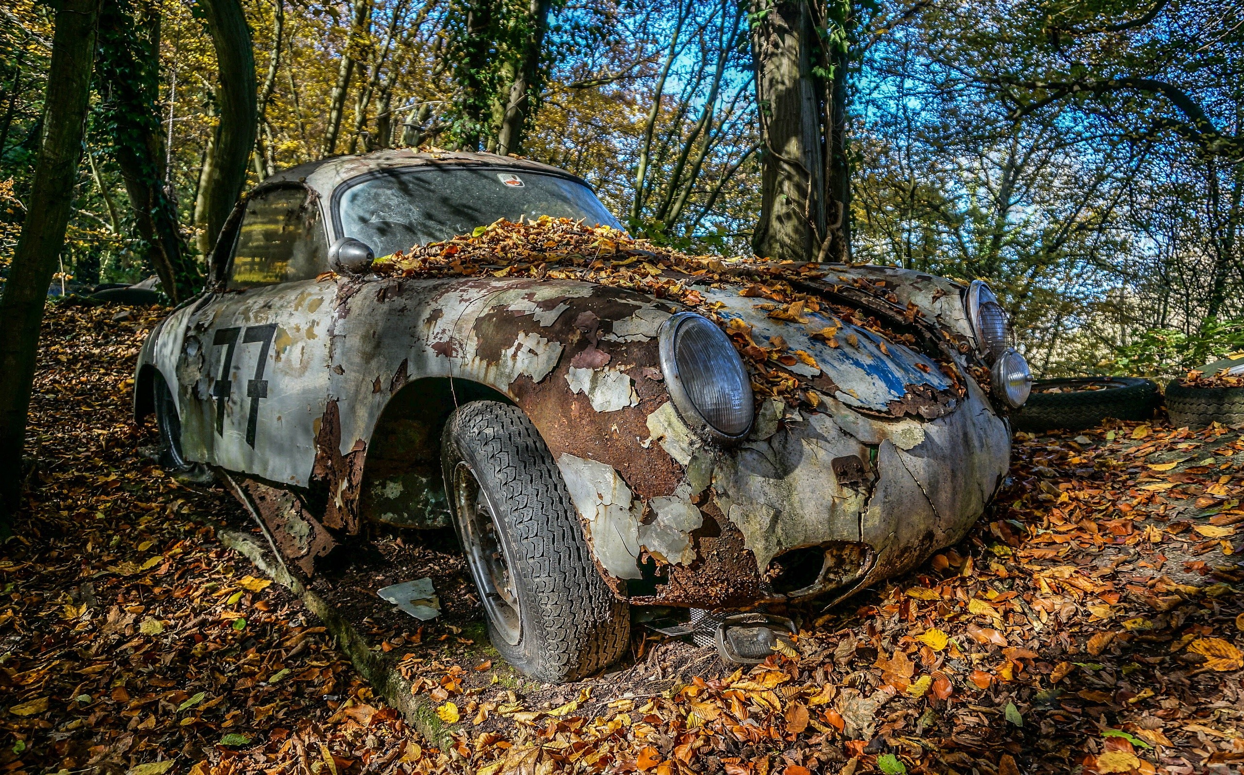 trees, Car, Vehicle, Wreck, Porsche Wallpaper