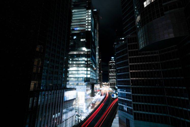city, Night, Street, Building, Light trails HD Wallpaper Desktop Background