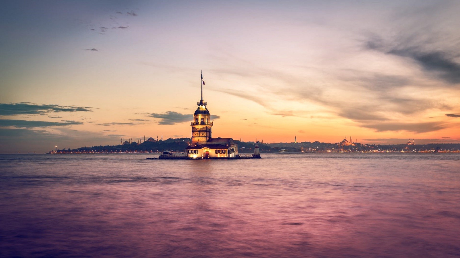 Istanbul, Turkey, Maidens Tower, Bosphorus, Sea, Building, Sunset, City