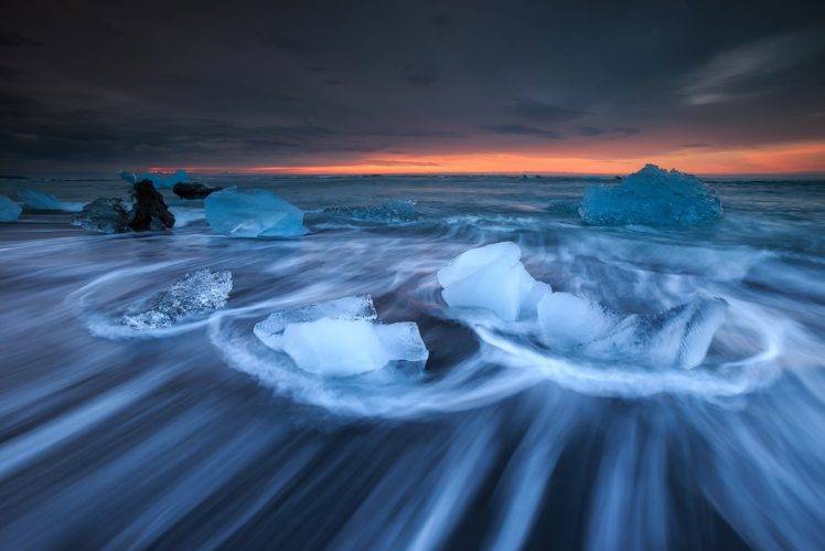 sunset, Ice, Nature, Sea, Long exposure HD Wallpaper Desktop Background