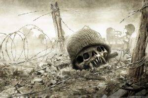 video games, Resistance: Fall of Man, Skull, Helmet, Barbed wire