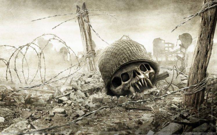 video games, Resistance: Fall of Man, Skull, Helmet, Barbed wire HD Wallpaper Desktop Background