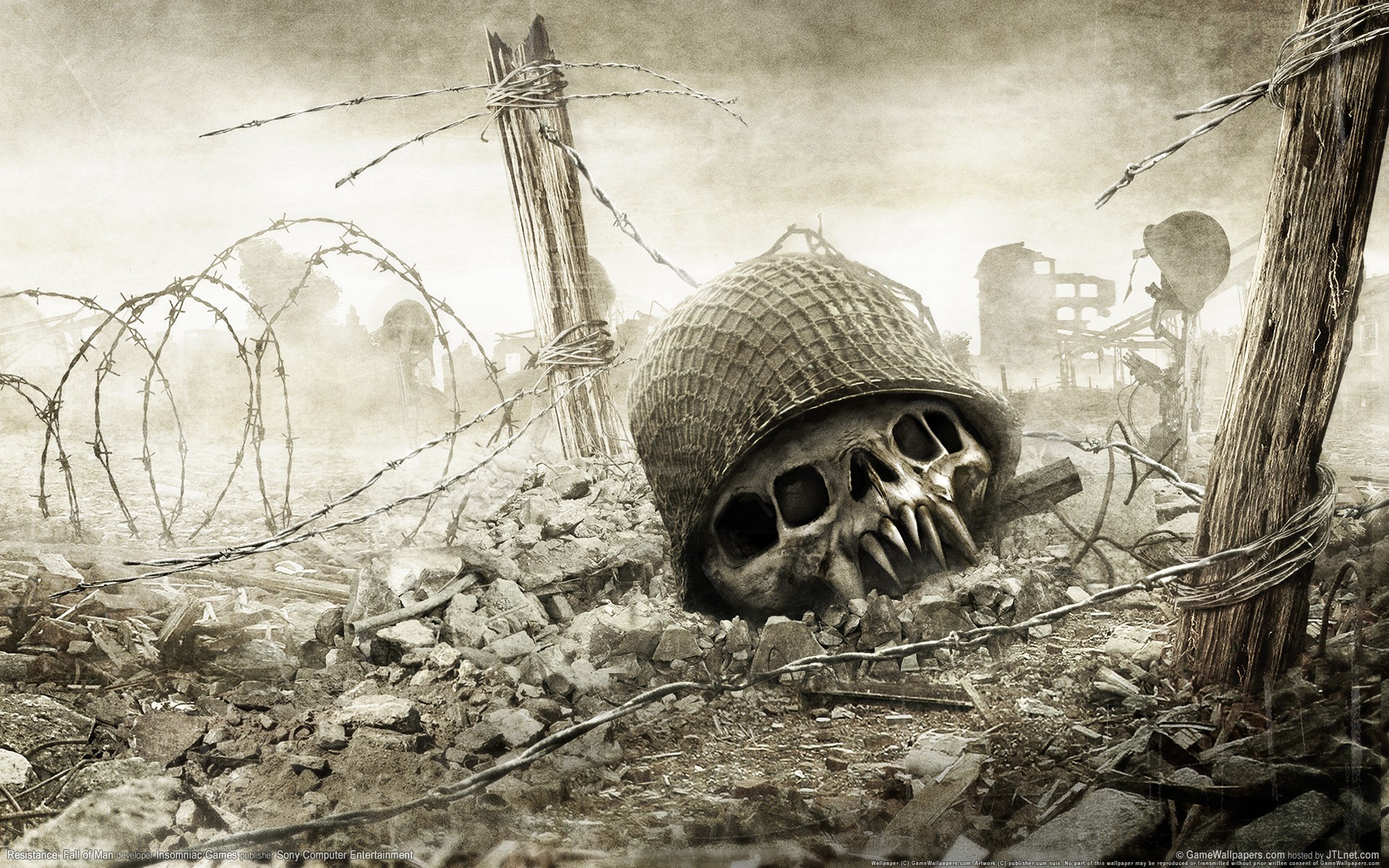 video games, Resistance: Fall of Man, Skull, Helmet, Barbed wire Wallpaper