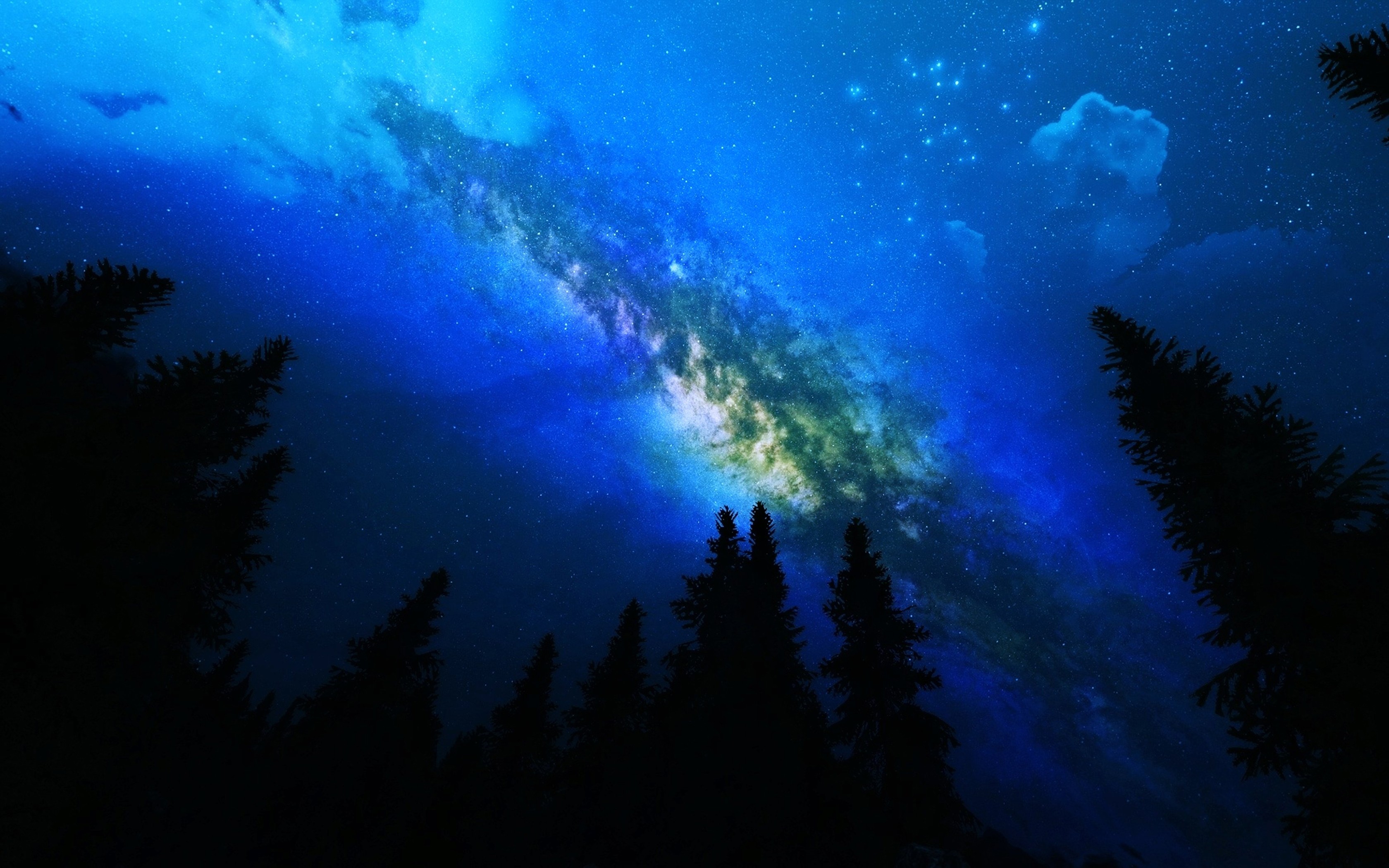 Milky Way, Pine trees, Space Wallpaper